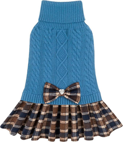 KYEESE Dog Sweater Soft Turtleneck Dogs Clothes with Bowtie Thick Dog Sweaters for Small Dogs Male Stretchy Knitwear Pet Sweater Dress Warm Pullover Pet Coats, Blue, X-Large