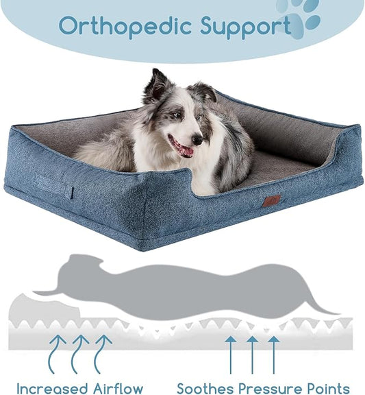 Hollypet Orthopedic Rectangle Dog Bed for Large Dogs, Supportive Egg-Crate Foam Pet Beds with Removable Washable Waterproof Cover and Non-Slip Bottom, Blue, 38" L x 29" W x 8.5" Th
