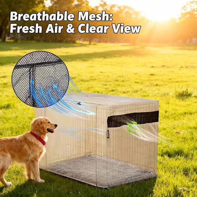 HiCaptain Dog Crate Cover 54.0" L x 37.0" W x 45.0" H with Breathable Mesh, Durable Heavy Duty Kennel Cover, Dual Zippered Panels, Windproof Waterproof UV-Resistant(Beige)