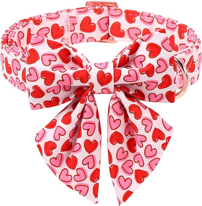 Valentines Dog Collar with Lady Bow - Cute Red Pink Hearts Valentine Sailor Bowtie Dog Collars, Adjustable Metal Buckle Male Female Dogs Collar for Small Medium Large Dogs L