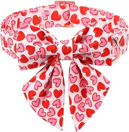 Valentines Dog Collar with Lady Bow - Cute Red Pink Hearts Valentine Sailor Bowtie Dog Collars, Adjustable Metal Buckle Male Female Dogs Collar for Small Medium Large Dogs XL