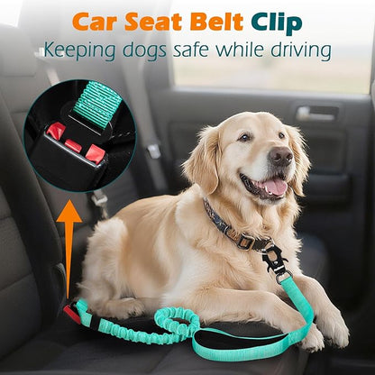 PetBonus Heavy Duty Tactical Dog Leash, 5 FT Bungee Shock Absorption Leash with 2 Padded Handles, Quick Release Metal Clip, Car Seatbelt, No Pull Training Lead for Large Medium Dogs（Turquoise）