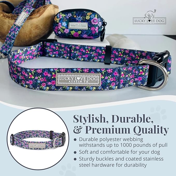 Lucky Love Dog, Comfortable, Soft, Cute Female Dog Collar for Small Dogs, Black & Purple Floral Print, Adjustable Nylon Collar, Primrose, Small