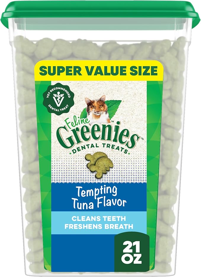 Greenies Feline Veterinarian-Recommended Adult Natural Dental Cat Treats, Tempting Tuna Flavor, 21 oz. Tub