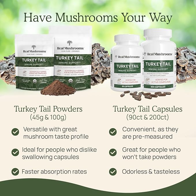Real Mushrooms Turkey Tail Mushroom Powder – Organic Turkey Tail Extract from – for Wellness, Gut Harmony, & Energy Support – Vegan, Non-GMO, No Fillers – 100 Servings Functional Mushroom Supplement