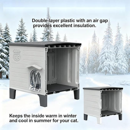 Weatherproof Outdoor Heated Cat House for Feral Cat, Plastic Elevated Cat Shelter with Escape Door, Easy Assemble, Expansive Interior‌ Grey Large 27.0" L x 27.0" W x 21.0" H
