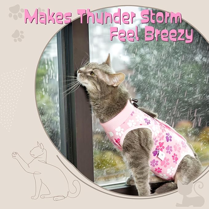 COZYDOODZ Cat Recovery Suit – Soft Breathable Cat Onesie for Female & Male Cats After Surgery, Spay, Neuter or Wounds, Cat Surgery Suit, Recovery Suit for Cats, Cone Alternative, Pink Paw Print