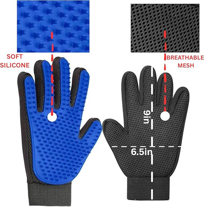 Pet Grooming Gloves for Dogs, Cats & Horses – 2-in-1 Deshedding & Massage Mitt – Soft Silicone Tips – Left & Right Hand Set + Bonus Detail Tool