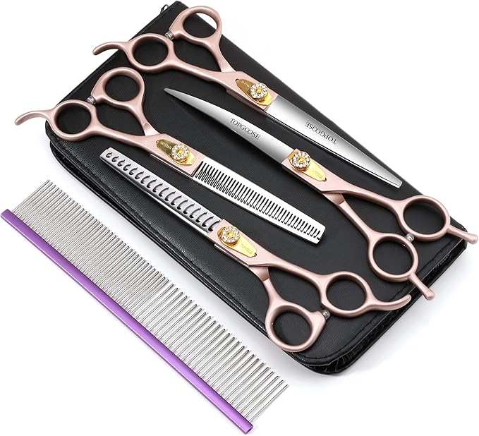 TOPGOOSE 7.5‘’ Professional Dog Grooming Scissors Set 440C Stainless Steel Straight Thinning Curved Chunker Shears 4PCS Set for Pet Grooming Services Dogs and Cats (Rose Gold, Set)