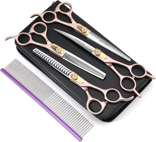 TOPGOOSE 7.5‘’ Professional Dog Grooming Scissors Set 440C Stainless Steel Straight Thinning Curved Chunker Shears 4PCS Set for Pet Grooming Services Dogs and Cats (Rose Gold, Set)