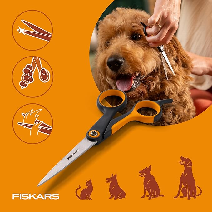 Fiskars Pet, Dog & Cat Grooming Scissors, Precision Stainless Steel Blades & SoftGrip Handle, Cat and Dog Supplies, Orange/Black, Trimming Scissors