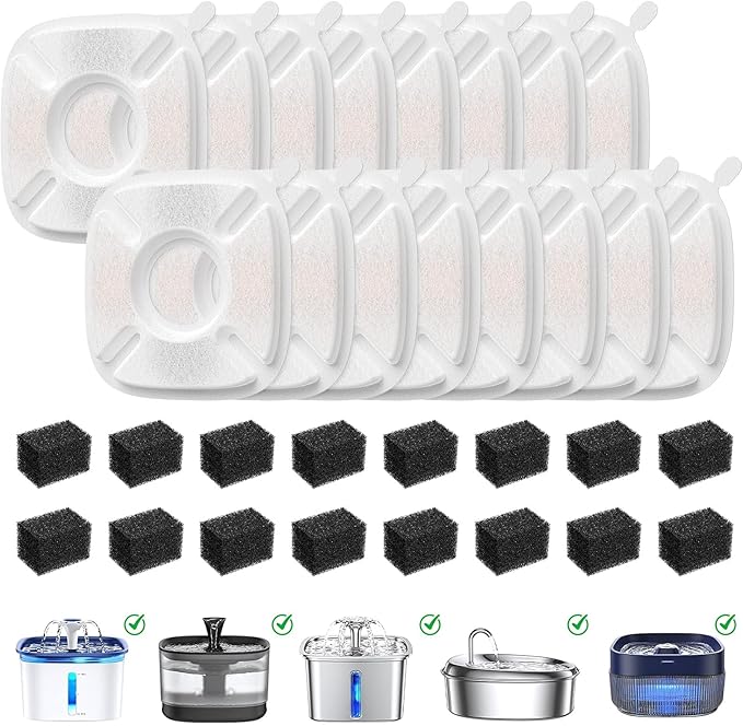 32 Pack Pet Fountain Filters for Veken 95oz/2.8L, 67oz, 85oz, 135oz Dog & Cat Water Fountains, Includes 16 Pcs Filter Replacements & 16 Pcs Pre-Filter Sponges