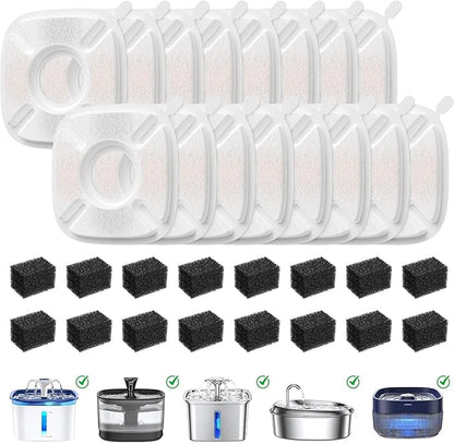32 Pack Pet Fountain Filters for Veken 95oz/2.8L, 67oz, 85oz, 135oz Dog & Cat Water Fountains, Includes 16 Pcs Filter Replacements & 16 Pcs Pre-Filter Sponges