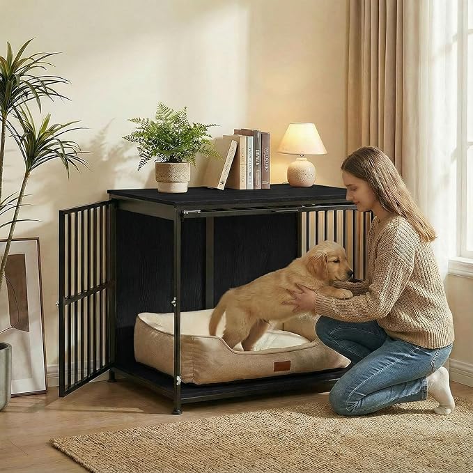 31.5" Dog Crate Furniture with Flip Door, Wooden Dog Kennel Indoor, Heavy Duty Pet Cage for Small Medium Dogs, Double Door Pet House End Table, Black
