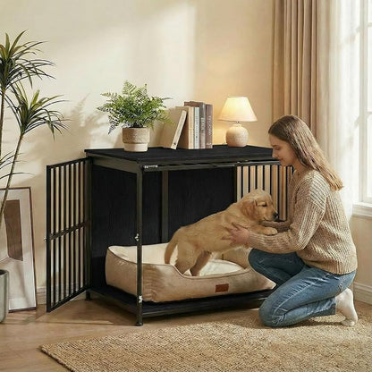 31.5" Dog Crate Furniture with Flip Door, Wooden Dog Kennel Indoor, Heavy Duty Pet Cage for Small Medium Dogs, Double Door Pet House End Table, Black