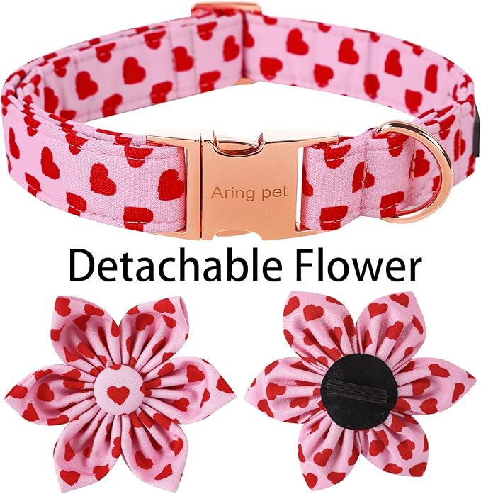 ARING PET Valentine's Day Dog Collar-Adorable Pink Heart Dog Collar with Flower, Adjustable Cotton Girl Dog Collars with Metal Buckle