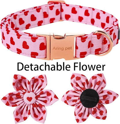 ARING PET Valentine's Day Dog Collar-Adorable Pink Heart Dog Collar with Flower, Adjustable Cotton Girl Dog Collars with Metal Buckle