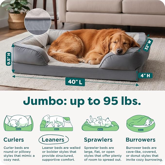 FurHaven Cooling Gel Dog Bed for Large Dogs, Perfect Comfort Sofa Bed with Cool Gel-Top Foam with a Solid Orthopedic Foam Base for Joint Support, Washable Cover, Jumbo XL, Plush & Velvet, Granite Gray