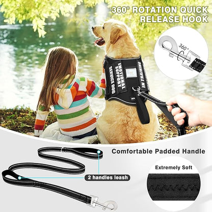Service Dog Vest Harness and Leash Set+10 Patches,No Pull&Easy Walk Reflective Dog Harness with Soft Padded Handle for Training/Everyday,Fit Small/Medium/Large/Extra-Large Dogs (Black L)