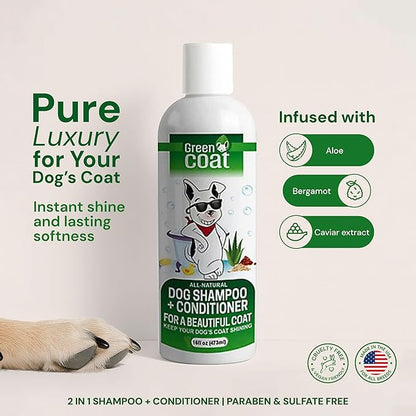 Green Coat 2-in-1 Dog Shampoo & Conditioner, Caviar Extract, Aloe & Bergamot for Sensitive Skin, Deep Shine + Detangler, Hydrating Luxury Dog Wash, 16oz, Made in USA