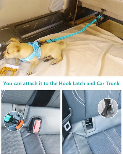 AUBELL Dog Seat Belt for Car,2 Pack Set 3-in-1 Adjustable Reflective Bungee Heavy Duty Dog Car Harness Tether with Clip Hook Latch & Buckle,Swivel Zinc Alloy Carabiner,Black+Teal