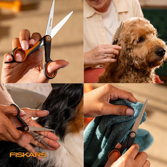 Fiskars Pet, Dog & Cat Grooming Scissors, Precision Stainless Steel Blades & SoftGrip Handle, Cat and Dog Supplies, Orange/Black, Trimming Scissors