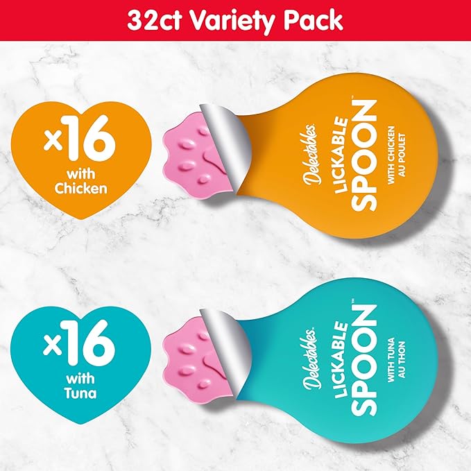 Delectables Lickable Spoon Handheld Wet Cat Treats Made with Real Chicken & Tuna, Creamy Puree, Mess Free, Quick & Easy, Grain-Free, No Added Fillers, No Added Preservatives, Variety Pack, 32ct