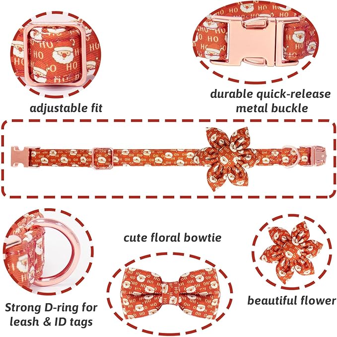 Christmas Dog Collar and Leash Set Girls Adjustable Puppy Collars with Christmas Bow Tie for Small Medium Large Female Dogs, Red Santa Claus, S