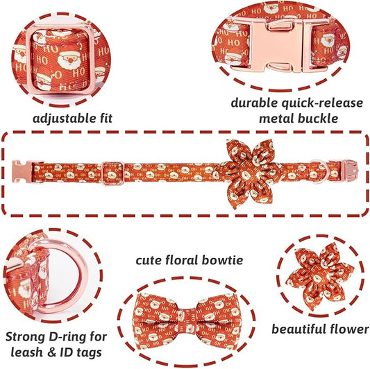 Christmas Dog Collar and Leash Set Girls Adjustable Puppy Collars with Christmas Bow Tie for Small Medium Large Female Dogs, Red Santa Claus, S
