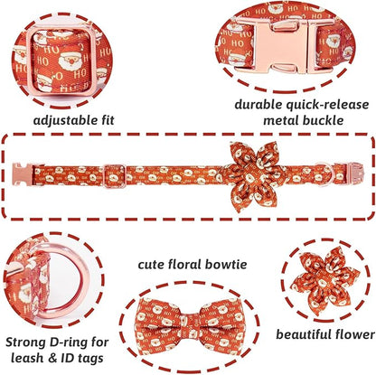 Christmas Dog Collar and Leash Set Girls Adjustable Puppy Collars with Christmas Bow Tie for Small Medium Large Female Dogs, Red Santa Claus, XS