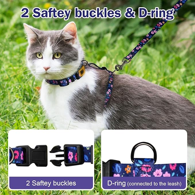 Hikiko Cat Harness and Leash Set Escape Proof Adjustable Walking Travel Cute Kitten Harness for Small Medium Large Cats (Navy Blue Floral, M)