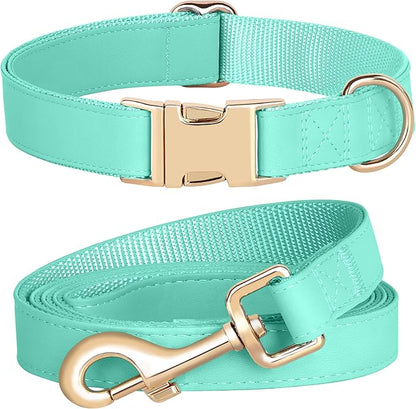 PET ARTIST Soft PU Leather Dog Collar and Leash Set, Bright & Stylish 5FT PU Leather Leash and Collar Set, Durable Pet Collars with Quick Release Metal Buckle for Large Dogs,Mint Green,L(16-27")