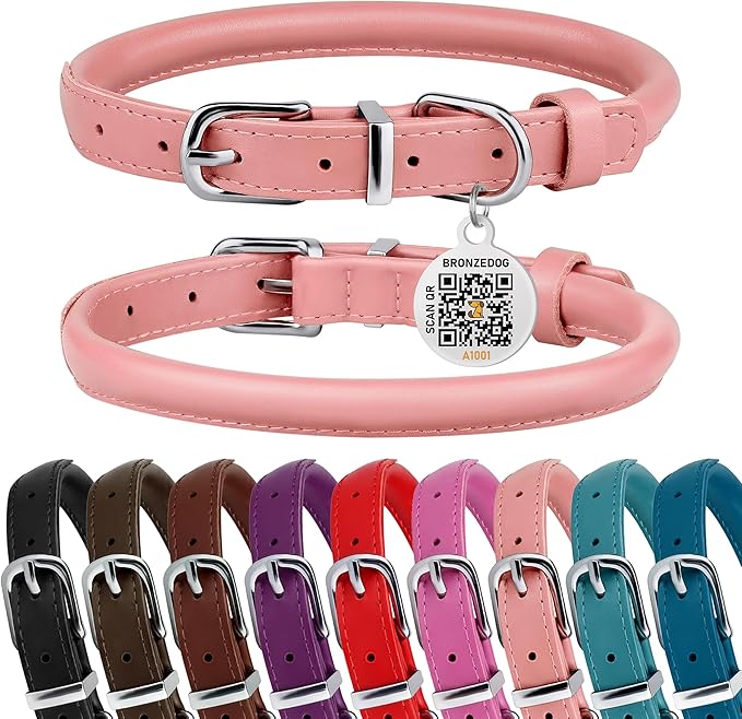 BRONZEDOG Rolled Leather Dog Collar for Small Medium Large Dogs with QR ID Tag (S: 12-14 Inch, Powder Pink)