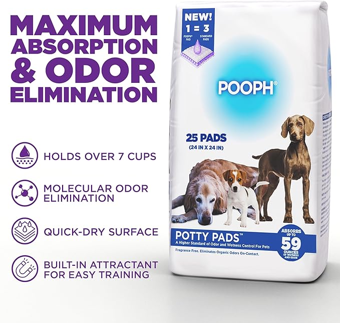 POOPH® Potty Pads™ – 25 Count – Superior Absorbency & Odor Control – Absorbs 59oz, Leak-Proof, Track-Proof, Spill-Proof – Quick-Dry, Disposable, 24x24 Inch – for Puppies, Seniors, Housebound Pets