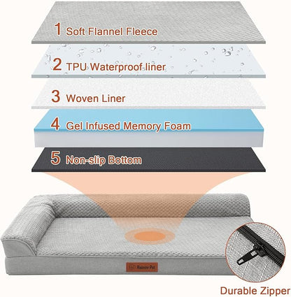 Rainmr Orthopedic Dog Beds for Large Dogs, Memory Foam Dog Beds Large Sized Dogs, Washable Removable Cover, Nonskid Bottom, Waterproof, for Indoor, Outdoor, Crate ＆ Car Use, 41x27x6 Inches, Light Grey