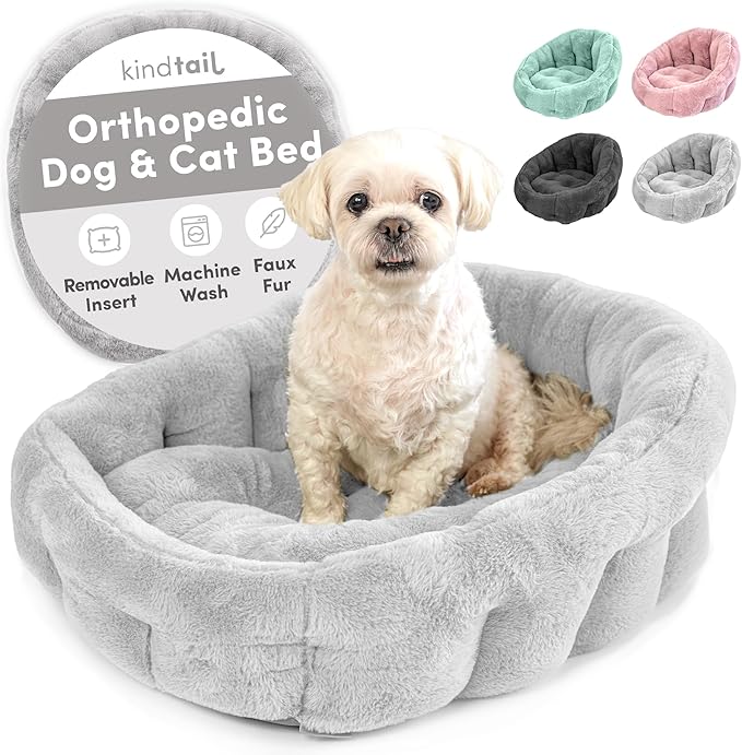 KindTail Medium Orthopedic Dog and Cat Bed - Faux Fur Luxury Cuddler for Pets Under 25lbs, Comfortable Waterproof Material with Nylon Base - 25" x 21" x 12" (Light Grey, Medium)
