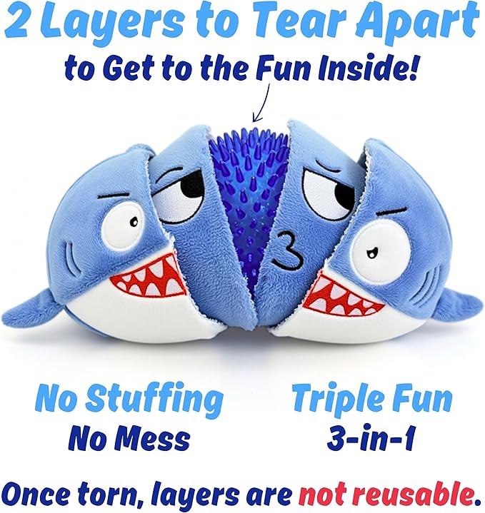 3 in 1 Squeaky Soft Plush Super Durable Dog Chew Toy for Aggressive Chewers, No Stuffing Interactive Tough Rip & Reveal Crinkle Shark Ball in Gift Box, Puppy, Small & Large Breed Pet Birthday Present