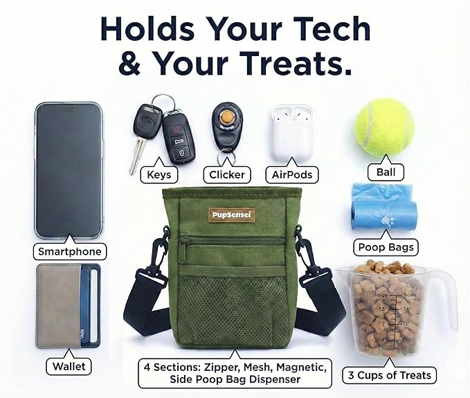 PupSensei Dog Treat Pouch for Training – Magnetic Dog Treat Bag with Belt Clip & Poop Bag Dispenser – Hands Free Carry Pouch with Auto-Close Access & Shoulder Strap – Durable Pet Gear – Army Green