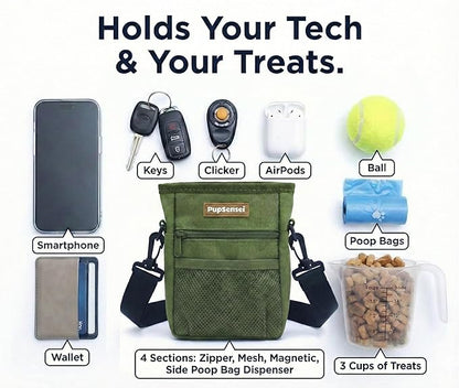 PupSensei Dog Treat Pouch for Training – Magnetic Dog Treat Bag with Belt Clip & Poop Bag Dispenser – Hands Free Carry Pouch with Auto-Close Access & Shoulder Strap – Durable Pet Gear – Army Green