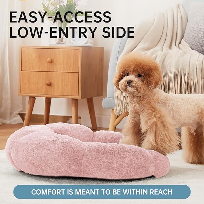 OhGeni 24 inches Calming Donut Dog & Cat Bed for Small Pets, Warming Comfort Fluffy Short Pile Fur, Durable Machine Washable, Cute Round Bed for Puppy and Kitten, Pink