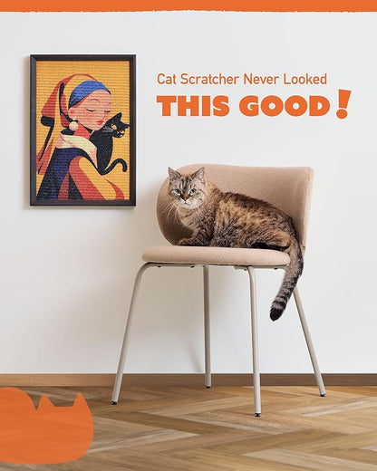 Decorative Wall Art Cat Scratcher for Vertical Scratching, 14"x20" Framed Sisal Scratch Pad Mat with Renter-Friendly No-Drill Wall Mounted Setup, Durable Alternative to Cardboard (Girl with Purr)