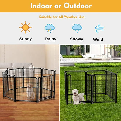 Getlay Dog Playpen 32 inch(H) 4 Panels Dog Fence Outdoor for Yard. Metal Dog Pen Heavy Duty Pet Puppy Exercise Pen for Rv Camping Garden Yard, Wide Door Low Threshold Dog Fence Total 8.9 Ft(L)