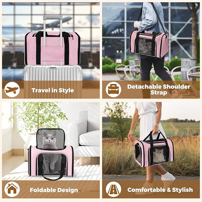 FOORLON Soft Sided Pet Carrier - TSA Approved Collapsible Waterproof Travel Carrier for Small/Medium Cats Dogs Puppies (Up to 15lbs) - Pink