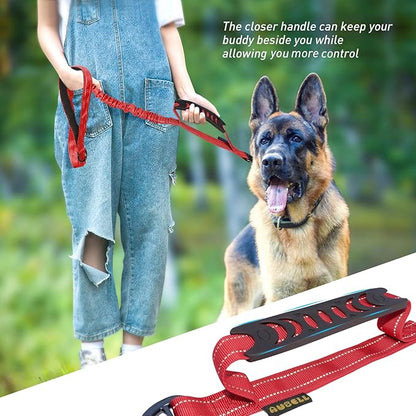 AUBELL Tactical Dog Leash Heavy Duty,4-6ft Reflective Strong No Pull Bungee Leash for Medium Large Dogs with Comfortable Padded Double Handle,Car Seat Belt,360 Degree Rotating Carabiner,Red