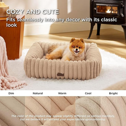Bedsure ComfyFleece Cute Dog Bed for Small Medium Dogs - Washable Furry Puppy Beds, Rectangle Orthopedic Corduroy Fleece Pet Beds with Removable Zipper Cover, 25x21x7inches,Sandy Beige