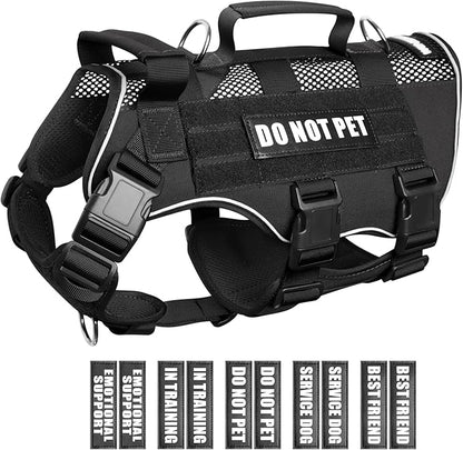 WINSEE Mesh Dog Harness with 10 Pet Patches for Medium Service Dog in Training, Breathable Tactical Molle Vest with Double Handle, Reflective Military Pet Vest for Walking Hiking