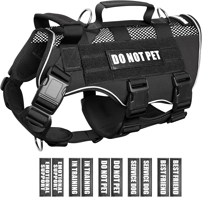WINSEE Mesh Dog Harness with 10 Pet Patches for Large Service Dog in Training, Breathable Tactical Molle Vest with Double Handle, Reflective Military Pet Vest for Walking Hiking