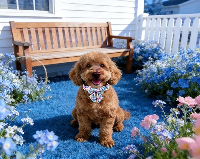 Lionet Paws Floral Dog Collar with Sailor Bow, Spring Wildflowers Daisy Forget Me Not Dog Collar Bow Tie for Large Dogs, Neck 16-24 inches