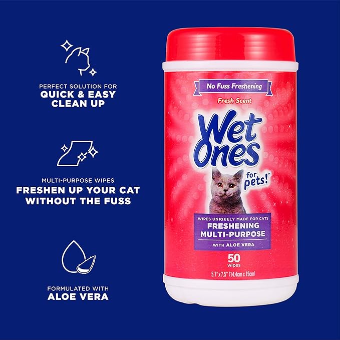 Wet Ones for Pets Freshening Multipurpose Wipes for Cats with Aloe Vera, Fresh Scent - Easy to Use Cat Cleaning Wipes for Pet Grooming in Canister, 50 Count - 12 Pack