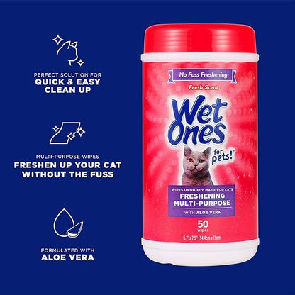 Wet Ones for Pets Freshening Multipurpose Wipes for Cats with Aloe Vera, Fresh Scent - Easy to Use Cat Cleaning Wipes for Pet Grooming in Canister, 50 Count